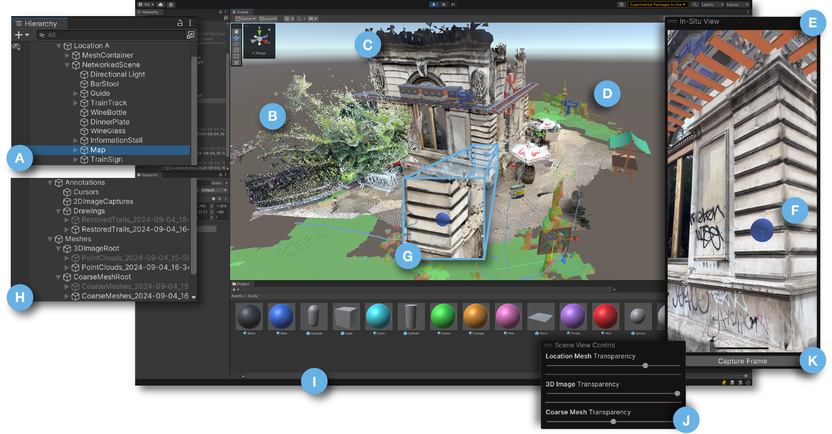 Ex-situ user interface of CoCreatAR. (A) All objects under NetworkedScene are automatically synchronized between ex-situ and in-situ users; (B) 3D Snapshots captured by the in-situ user; (C) The location mesh of Location A; (D) Coarse Mesh captured by the in-situ user; (E) Live feed of the in-situ user&rsquo;s screen, including AR content; (F) The 3D Cursor of the ex-situ user, projected into world space; (G) Close-up of the 3D Cursor of the ex-situ user as seen in the scene view; (H) List of annotations and spatial captures, persistently saved in the scene for later review; (I) Sample assets that can be added to the scene at runtime.