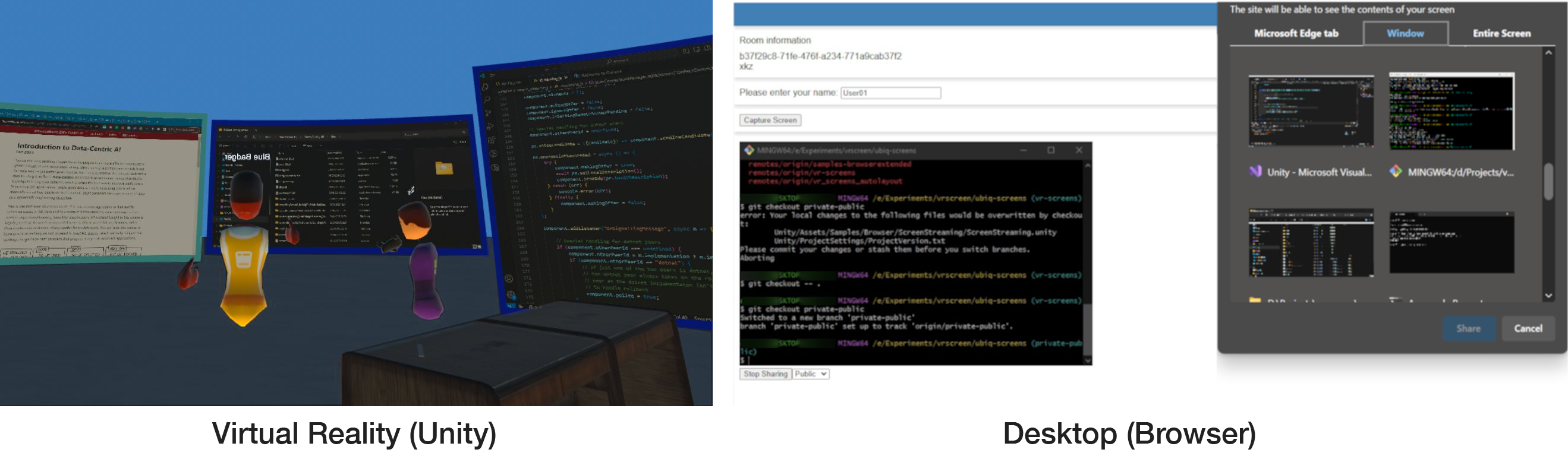Overview of StreamSpace. Left: Collaborative virtual environment with streamed windows in Unity. Right: Browser interface with window capture prompt and privacy settings.