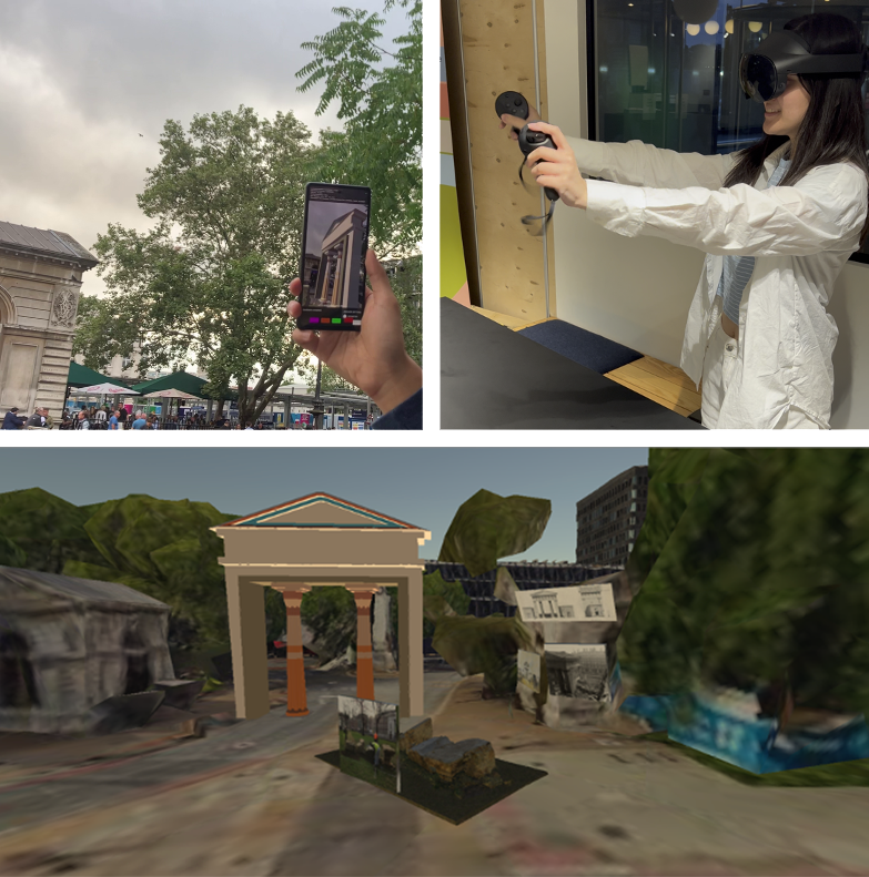 Overview of the Euston Arch case study system. Top: the VR user and AR user are co-exploring the Euston Arch. Bottom: View of the Unity scene with the Euston Arch model and assets placed by users.