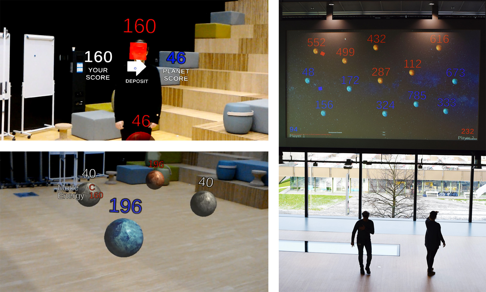 Overview of first-person player view (left) and co-located audience view (right).