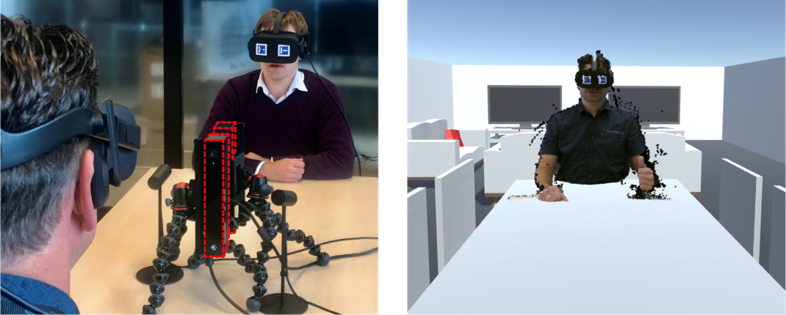 Test setup of the TogetherVR platform where two HMD-wearing subjects were captured with RGB-D sensors (left) and are represented in a shared virtual environment (right). For testing purposes, the two subjects were located in the same physical space. This work focused on resolving the occlusion in the RGB-D image as caused by the HMD.