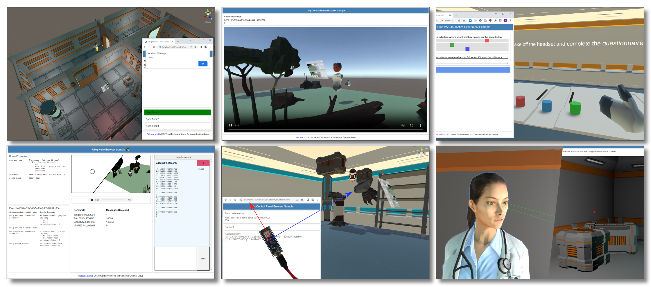 Six multi-modal proof of concepts of extending a social virtual reality system with web interoperability (from left to right, top row first): remote environment control, remote video streaming from a user view, directly triggering a desktop questionnaire for a user, online diagnostics and instrumentation, novel device support, and eye tracking to control a character.